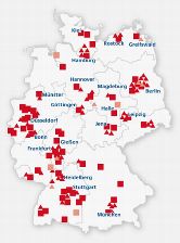 Regionale Verteilung der Universitäten (dunkles Viereck), der Fachhochschulen (helles Viereck), der außeruniversitären Forschungseinrichtungen (dunkles Dreieck) sowie der Ressortforschung (helles Dreieck) in der medizinischen Biotechnologie.