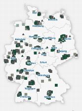 Regionale Verteilung der Universitäten (dunkles Viereck), der Fachhochschulen (helles Viereck), der außeruniversitären Forschungseinrichtungen (dunkles Dreieck) sowie der Ressortforschung (helles Dreieck), die zu Themenfeldern der Bioökonomie forschen. Forschungseinrichtungen mit Schwerpunkt industrielle Biotechnologie sind grau markiert, Forschungseinrichtungen mit Schwerpunkt Pflanzenbiotechnologie sind grün markiert.